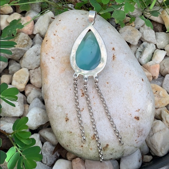 Sterling Tear Drop Glass Dangle Chain Pendant - Picture 5 of 17